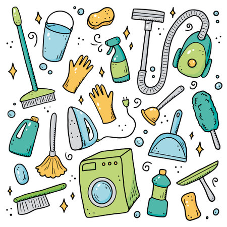 Hand drawn set of cleaning equipments, sponge, vacuum, spray, broom, bucket. Comic doodle sketch style. Clean element drawn by digital brush-pen. Illustration for icon, frame, background.のイラスト素材