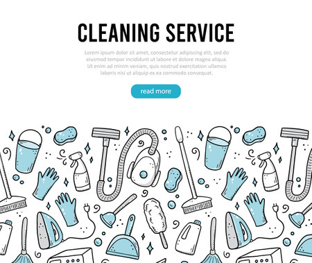 Hand drawn design template of cleaning equipments, sponge, vacuum, spray, broom, bucket. Doodle sketch style. Clean element drawn by digital brush-pen. Illustration for icon, frame, background, banner.のイラスト素材