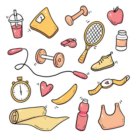 Hand drawn set of fitness, gym equipments, activity lifestyle concept. Doodle sketch style. Sport element drawn by digital brush-pen. Illustration for icon, frame, background.のイラスト素材