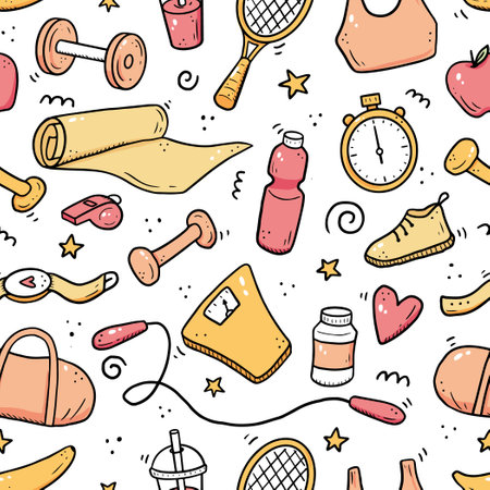 Hand drawn seamless pattern of fitness, gym equipments. Doodle sketch style. Sport element drawn by digital brush-pen. Illustration for icon, frame, background.のイラスト素材