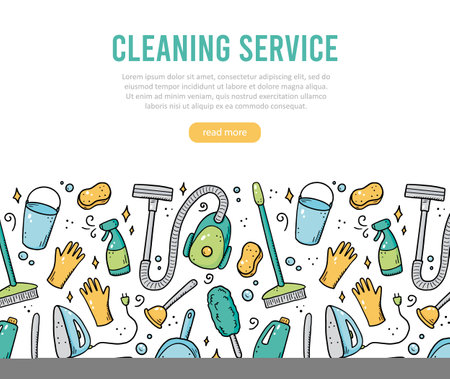 Hand drawn design template of cleaning equipments, sponge, vacuum, spray, broom, bucket. Doodle sketch style. Clean element drawn by digital brush-pen. Illustration for icon, frame, background, banner.のイラスト素材