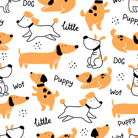 Seamless pattern of cute dog puppy. Cartoon funny and happy dog character with simple shape style. Illustration for background, wallpaper, textile, fabric.のイラスト素材