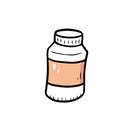 Hand drawn pill container element. Doodle sketch style. Bottle element drawn by digital brush-pen. Illustration for icon, sticker design.のイラスト素材