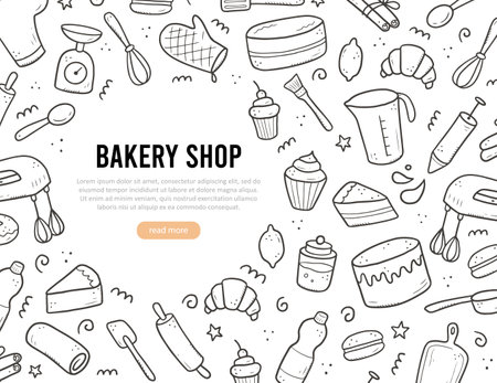 Hand drawn set of baking and cooking tools, mixer, cake, spoon, cupcake, scale. Doodle sketch style. Illustration for frame, banner, bakery site design.のイラスト素材