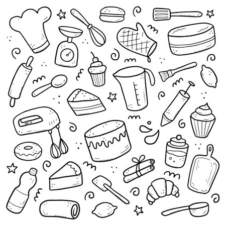 Hand drawn set of baking and cooking elements, mixer, cake, spoon, cupcake, scale. Doodle sketch style. Bakery element drawn by digital brush-pen. Illustration for icon, menu, recipe design.のイラスト素材