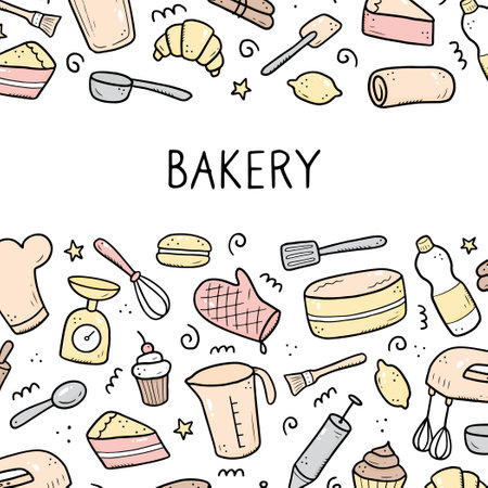 Hand drawn set of baking and cooking tools, mixer, cake, spoon, cupcake, scale. Doodle sketch style. Illustration for frame, banner, bakery site design.のイラスト素材