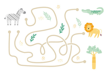 Maze with cute african animal for children. Kids labyrinth game. Mind activities illustration.のイラスト素材