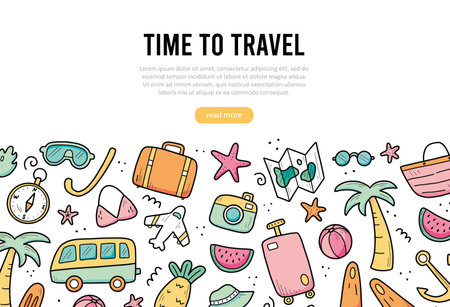 Hand drawn banner of travel summer vacation elements, luggage, map, suitcase, sea star. Doodle sketch style. Travel element drawn by digital pen. Illustration for banner, background design template.のイラスト素材