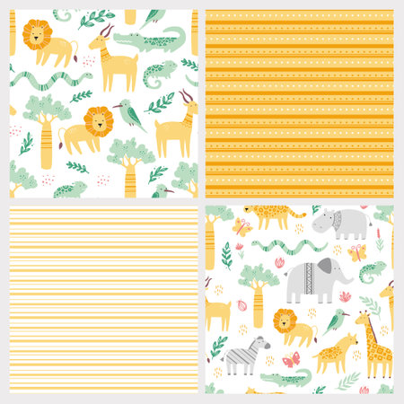 Set of seamless pattern with cute african zoo animals. Flat and simple design style for baby, children wallpaper, background, fabric illustration.のイラスト素材