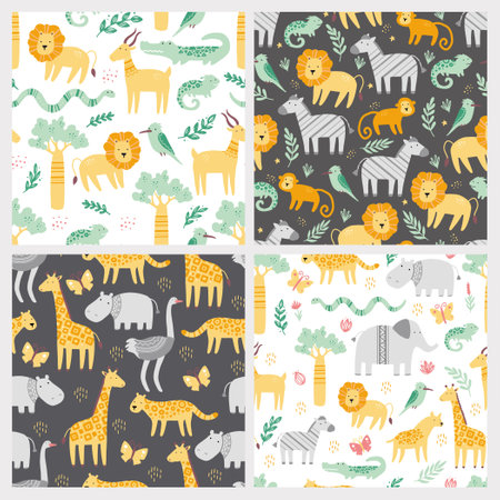 Set of seamless pattern with cute african zoo animals. Flat and simple design style for baby, children wallpaper, background, fabric illustration.のイラスト素材