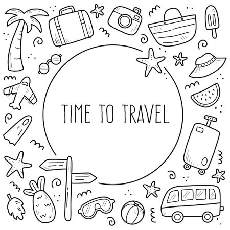 Hand drawn set of travel summer vacation elements, luggage, map, suitcase, sea star. Doodle sketch style. Travel element drawn by digital pen. Illustration for banner, background, icon, logo design.のイラスト素材