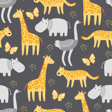 Seamless pattern with cute african zoo animals. Flat and simple design style for baby, children wallpaper, background, fabric illustration.のイラスト素材