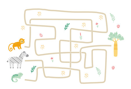 Maze with cute african animal for children. Kids labyrinth game. Mind activities illustration.のイラスト素材