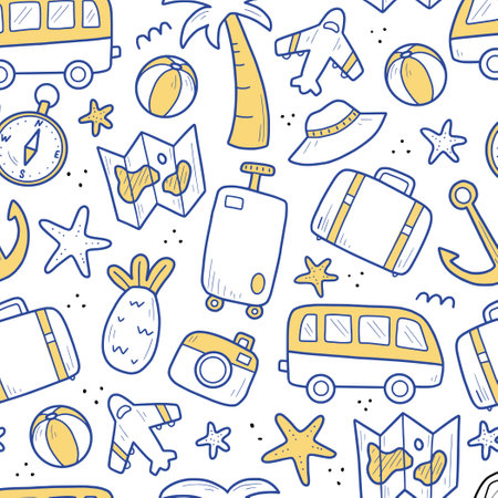 Hand drawn seamless pattern of travel summer vacation elements, luggage, map, suitcase, sea star. Doodle sketch style. Travel element drawn by digital pen. Illustration for wallpaper, background, textile design.のイラスト素材