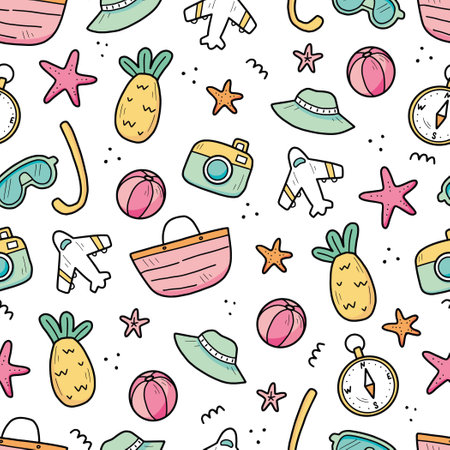 Hand drawn seamless pattern of travel summer vacation elements, luggage, map, suitcase, sea star. Doodle sketch style. Travel element drawn by digital pen. Illustration for wallpaper, background, textile design.のイラスト素材
