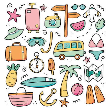 Hand drawn set of travel summer vacation elements, luggage, map, suitcase, sea star. Doodle sketch style. Travel element drawn by digital pen. Illustration for banner, background, icon, logo design.のイラスト素材