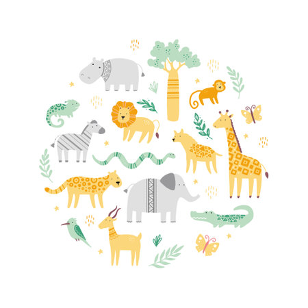 Set of cute african zoo animals giraffe, zebra, lion, bird, elephant, snake, lizard, cheetah, crocodile. Flat and simple design style for baby, children illustration.のイラスト素材