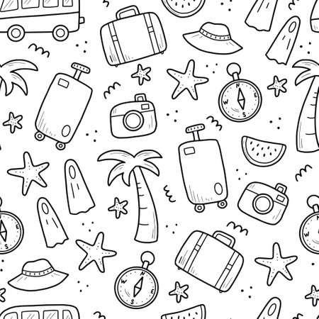 Hand drawn seamless pattern of travel summer vacation elements, luggage, map, suitcase, sea star. Doodle sketch style. Travel element drawn by digital pen. Illustration for wallpaper, background, textile design.のイラスト素材