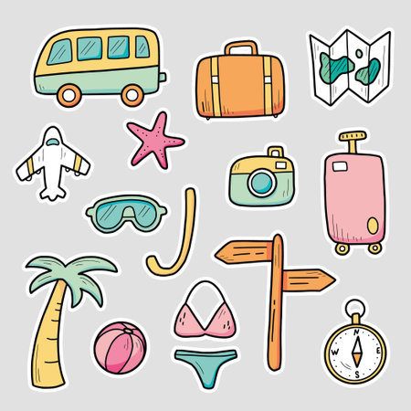 Hand drawn stickers set of travel summer vacation elements, luggage, map, suitcase, sea star. Doodle sketch style. Travel element drawn by digital pen. Illustration for sticker design.のイラスト素材