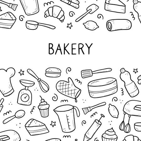 Hand drawn set of baking and cooking tools, mixer, cake, spoon, cupcake, scale. Doodle sketch style. Illustration for frame, poster, banner, menu, recipe book, baking shop, bakery site design.のイラスト素材