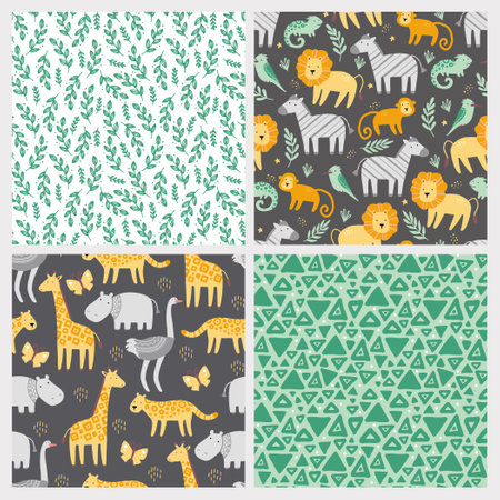Set of seamless pattern with cute african zoo animals. Flat and simple design style for baby, children wallpaper, background, fabric illustration.のイラスト素材