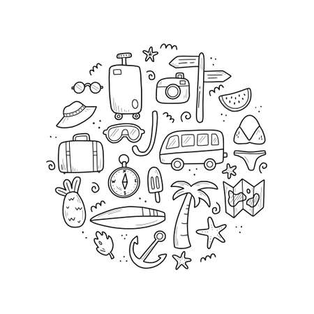 Hand drawn set of travel summer vacation elements, luggage, map, suitcase, sea star. Doodle sketch style. Travel element drawn by digital pen. Illustration for banner, background, icon, logo design.のイラスト素材
