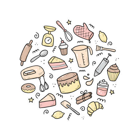 Hand drawn set of baking and cooking elements, mixer, cake, spoon, cupcake, scale. Doodle sketch style. Bakery element drawn by digital brush-pen. Illustration for icon, menu, recipe design.のイラスト素材