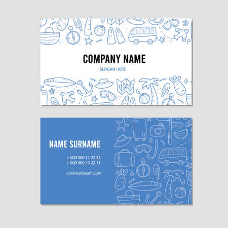 Hand drawn visit card of travel summer vacation elements, luggage, map, suitcase, sea star. Doodle sketch style. Travel element drawn by digital pen. Illustration for business card design template.のイラスト素材