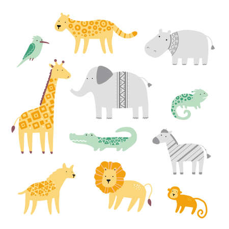 Set of cute african zoo animals giraffe, zebra, lion, bird, elephant, snake, lizard, cheetah, crocodile. Flat and simple design style for baby, children illustration.のイラスト素材