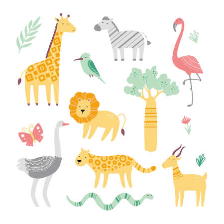 Set of cute african zoo animals giraffe, zebra, lion, bird, snake, lizard, cheetah, crocodile. Flat and simple design style for baby, children illustration.のイラスト素材