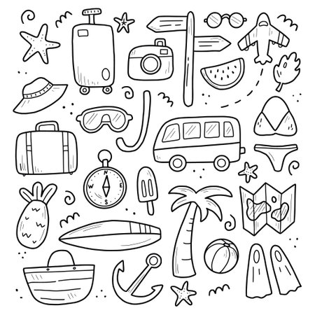Hand drawn set of travel summer vacation elements, luggage, map, suitcase, sea star. Doodle sketch style. Travel element drawn by digital pen. Illustration for banner, background, icon, logo design.のイラスト素材