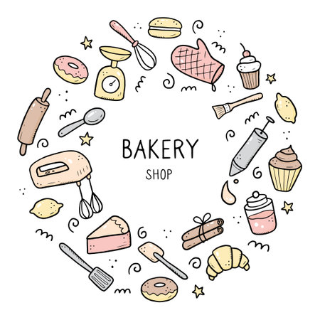 Hand drawn set of baking and cooking tools, mixer, cake, spoon, cupcake, scale. Doodle sketch style. Illustration for frame, poster, banner, menu, recipe book, baking shop, bakery site design.のイラスト素材