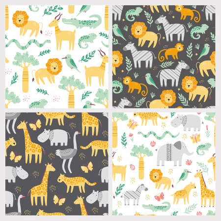 Set of seamless pattern with cute african zoo animals. Flat and simple design style for baby, children wallpaper, background, fabric illustration.のイラスト素材