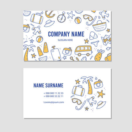 Hand drawn visit card of travel summer vacation elements, luggage, map, suitcase, sea star. Doodle sketch style. Travel element drawn by digital pen. Illustration for business card design template.のイラスト素材