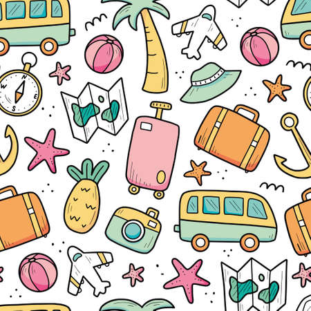 Hand drawn seamless pattern of travel summer vacation elements, luggage, map, suitcase, sea star. Doodle sketch style. Travel element drawn by digital pen. Illustration for wallpaper, background, textile design.のイラスト素材