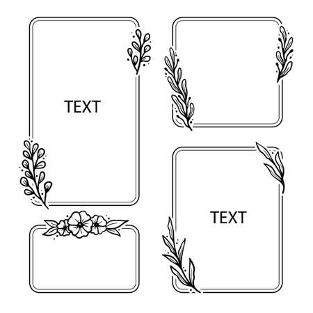 Set of geometric floral frame, border with leaves, wreaths, flower elements. Hand drawn sketch pencil style. Perfect for invitation, greeting card, social media, blogのイラスト素材