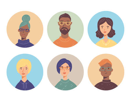 Set of young people charactar avatars with different hair, clothes, glasses. People have smiling faces. Trendy style illustration for icon, avatars, portrait design.のイラスト素材