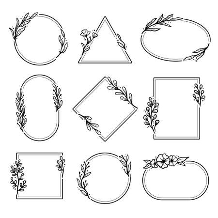 Set of geometric floral frame, border with leaves, wreaths, flower elements. Hand drawn sketch pencil style. Perfect for invitation, greeting card, social media, blogのイラスト素材