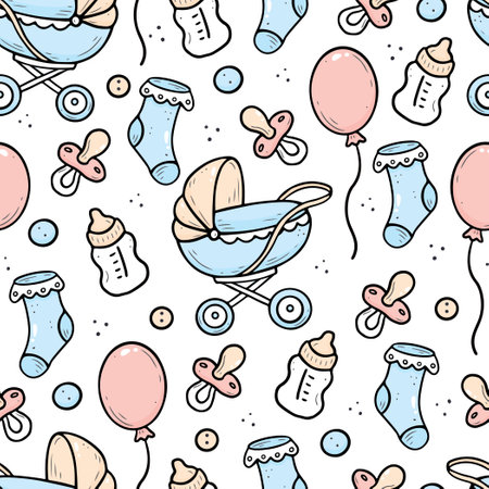 Hand drawn seamless pattern of baby shower elements, toy, ball, milk bottle, sock. Doodle sketch style. Baby element drawn by digital pen. Vector illustration for wallpaper, background, textile designのイラスト素材
