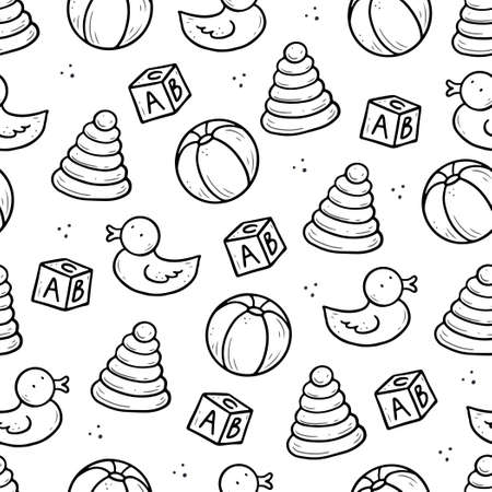 Hand drawn seamless pattern of baby toy elements, ball, pyramid, duck. Doodle sketch style. Baby element drawn by digital pen. Vector illustration for wallpaper, background, textile designのイラスト素材