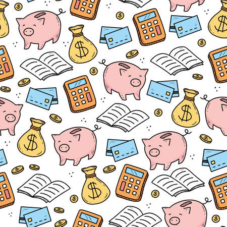 Hand drawn seamless pattern of business and finance elements, money, calculator, coin. Doodle sketch style. Business element drawn by digital pen. Vector illustration for wallpaper, background, textile design.のイラスト素材