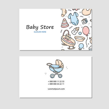 Hand drawn visit card with baby things, toy, rattle, milk bootle, clothes. Doodle sketch style. Illustration for baby store, kids shop business card design template.のイラスト素材
