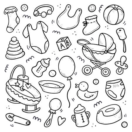 Hand drawn set of baby shower things, toy, rattle, milk bootle, clothes. Comic doodle sketch style. Baby element drawn by digital brush-pen. Cute illustration for icon, background, frame design.のイラスト素材