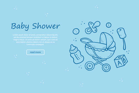Hand drawn banner of baby shower things, toy, rattle, milk bootle, clothes. Doodle sketch style. Baby element drawn by digital pen. Illustration for banner, background design template.のイラスト素材