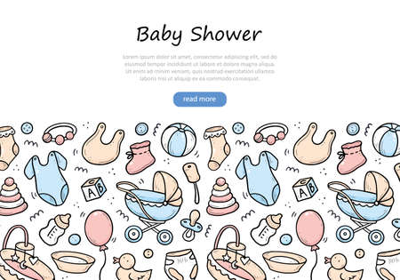 Hand drawn banner of baby shower things, toy, rattle, milk bootle, clothes. Doodle sketch style. Baby element drawn by digital pen. Illustration for banner, background design template.のイラスト素材