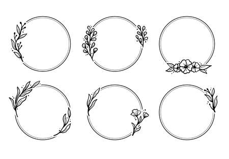 Set of geometric floral frame, border with leaves, wreaths, flower elements. Hand drawn sketch pencil style. Perfect for invitation, greeting card, social media, blogのイラスト素材