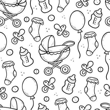 Hand drawn seamless pattern of baby shower elements, toy, ball, milk bottle, sock. Doodle sketch style. Baby element drawn by digital pen. Vector illustration for wallpaper, background, textile designのイラスト素材