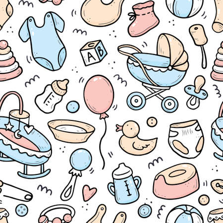 Hand drawn seamless pattern of baby shower elements, toy, ball, milk bottle, sock. Doodle sketch style. Baby element drawn by digital pen. Vector illustration for wallpaper, background, textile designのイラスト素材