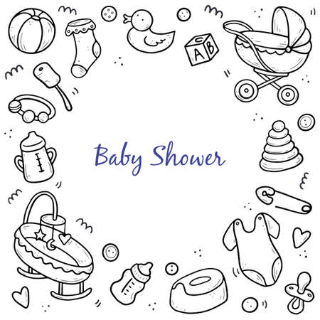 Hand drawn frame of baby shower things, toy, rattle, milk bootle, clothes. Doodle sketch style. Baby element drawn by digital pen. Illustration for banner, background, frame design template.のイラスト素材