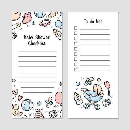 Baby store Check list template with baby thing doodle elements, things, toy, rattle, milk bootle, clothes. Doodle sketch style. Illustration for baby shower to do list template.のイラスト素材